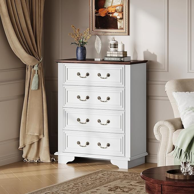WLIVE Farmhouse Dresser for Bedroom, Tall Wood Dresser with 4 Drawers, Chest of Drawers with Roman Metal Handle for Living Room, Hallway, Closet, White-Ruum Studio Home