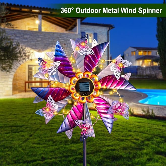 Solar Wind Spinners for Yard and Garden - 61.5 Inch 360° Metal Large Wind Sculptures Outdoor Clearance Kinetic Windmills with Vine String Shining LED Lights for Patio, Lawn Garden Decoration-Ruum Studio Home