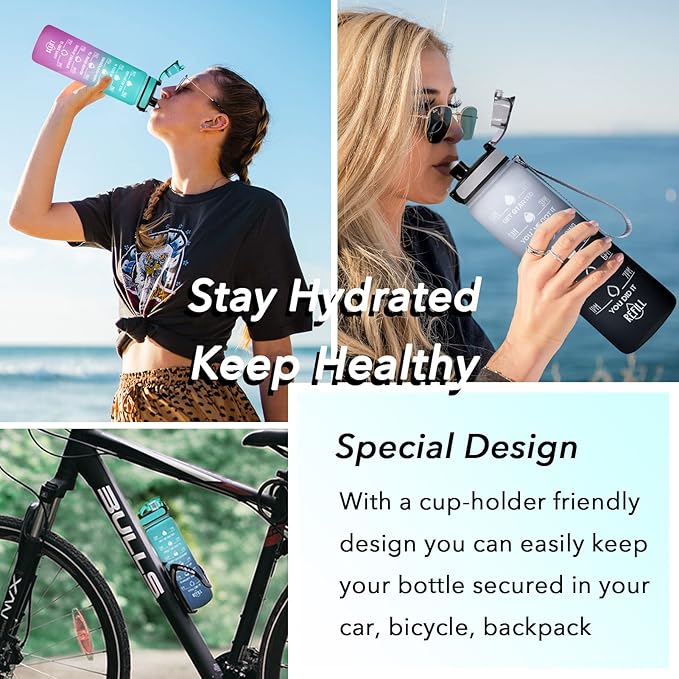 Enerbone Water Bottle, Leakproof BPA & Toxic Free, Motivational Water Bottle with Times to Drink and Straw, Fitness Sports Water Bottle with Strap for Office, Gym, Outdoor Sports-Ruum Studio Home