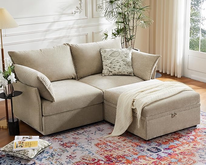 Oversized Loveseat Sofa, Modern Modular Sectional Couch Beige Fluffy Chenille Mid Century 2-Seat 24.5" Deep Seat for Apartment, Living Room, Bedroom-Ruum Studio Home