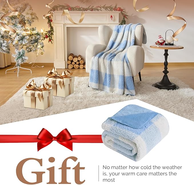 LURKA Checkered Sherpa Fleece Throw Blanket - Extra Thick and Warm Winter Soft Fuzzy Plush Blanket for Couches, Beds & Pets, Glacier, 50x60 Inches-Ruum Studio Home