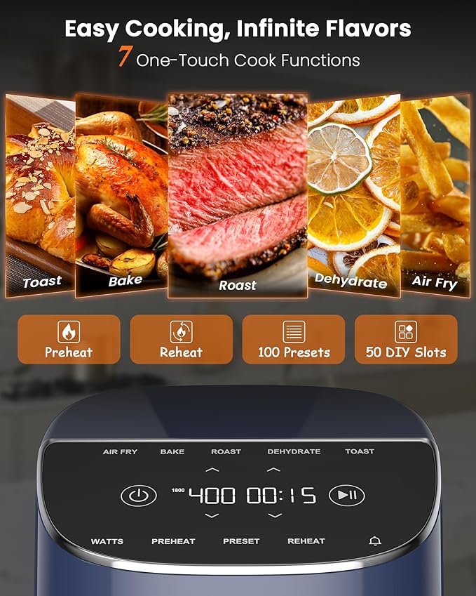 Nuwave Brio Plus Air Fryer 8 Qt, New & Improved, PFAS-FREE, 7 Digital One-Touch Cook Functions that AIR FRY, BAKE, ROAST, DEHYDRATE, TOAST, REHEAT, PREHEAT, 150 Presets, 50°F~400°F (Deep Blue)-Ruum Studio Home