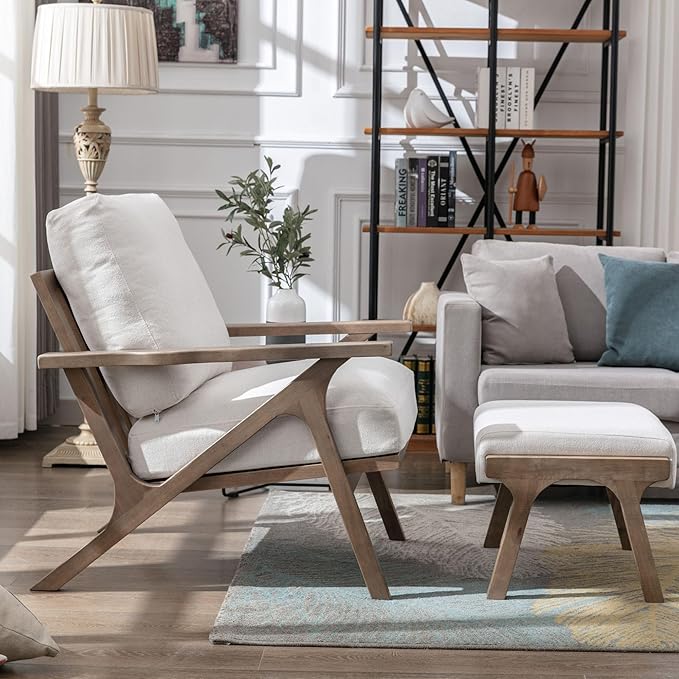 Wahson Set of 2 Mid Century Arm Chairs and Ottomans, Upholstered Accent Armchair with Wood Frame and Linen Cushions, Leisure Slipper Chair for Living Room/Bedroom, Cream-Ruum Studio Home