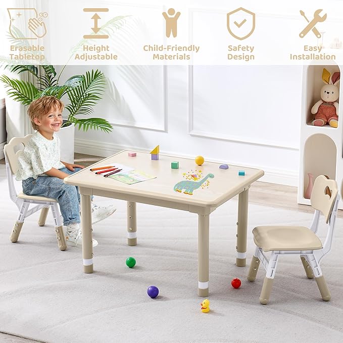 Kids Table and 2 Chairs Set, Height Adjustable (17.7"-26.1") Toddler Table and Chair Set, Multi-Activity Table with Graffiti Desktop, Children’s Table and Chairs for Classroom, Home & Daycare-Ruum Studio Home