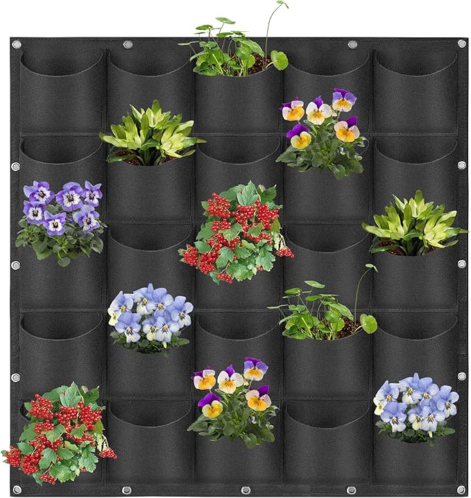 25 Pockets Hanging Planter Bags, Hanging Vertical Wall Mounted Plant Planting Grow Bags, Herb Garden Planter Outdoor Indoor Growing Bag, Gardening Vertical Greening Flower Container(1m×1m, Black)-Ruum Studio Home
