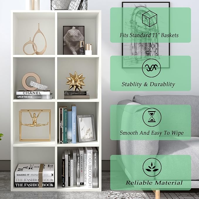 8-Cube Storage Shelf Bookcase - Wooden 4-Tier Floor Standing Open Bookshelf, Modern TV Stand up to 55 Inchs for Home and Office, Warm White-Ruum Studio Home