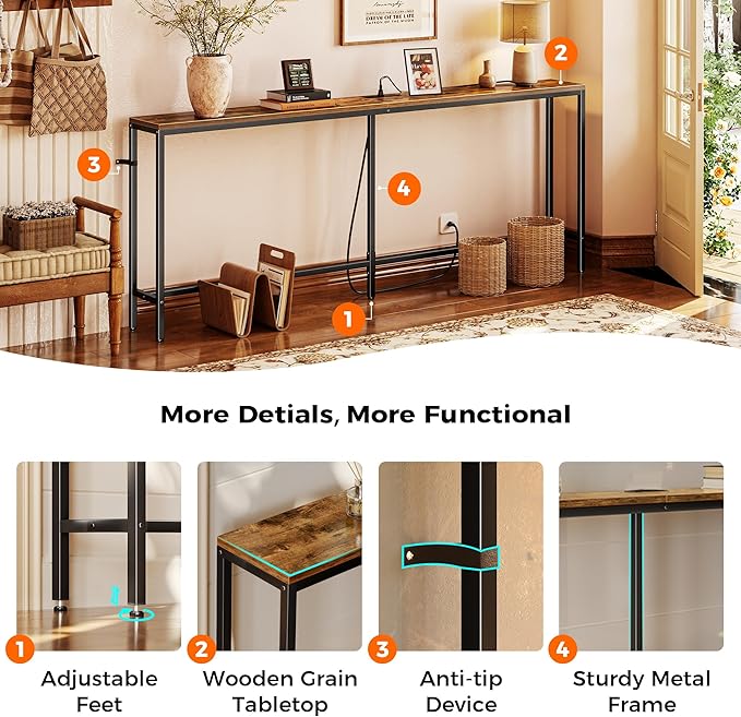 SUPERJARE 78.7 Inch Console Table with Outlet, Sofa Table with Charging Station, Narrow Hallway Entryway Table, Behind Couch Table, for Living Room, Rustic Brown-Ruum Studio Home