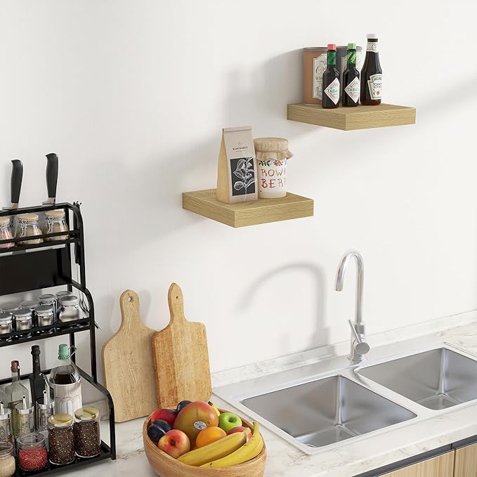 Fun Memories Floating Shelves for Wall - 10" x 10" Wood Shelf with Invisible Bracket - Deep Floating Shelves - 10 Inch Shelf Wall-Mounted for Living Room & Bathroom - Oak - Set of 2-Ruum Studio Home