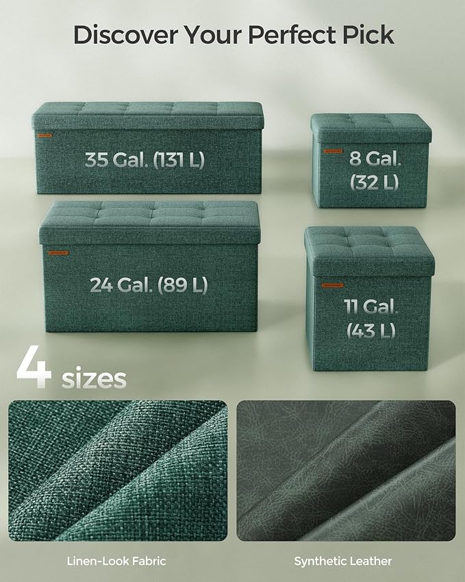 SONGMICS MAZIE Collection - 43 Inches Folding Storage Ottoman Bench, Ottoman Foot Rest, End of Bed Bench, Storage Chest, Load 660 lb, for Living Room, Bedroom, Entryway, Retro Green ULSF077C01-Ruum Studio Home