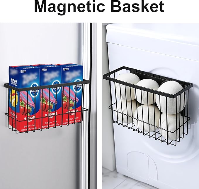 Magnetic Basket for Fridge, Magnetic Basket, Foil and Plastic Wrap Organizer with 4 Caddy Adhesive Stickers, Cabinet Storage Basket for Kitchen Wrap Food Bag Storage, Black, 2 Pack-Ruum Studio Home