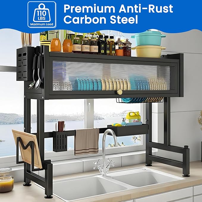 Dish Drying Rack, 3-Tier Over Sink Dish Drying Rack, 33.5" Over Sink Dish Rack for Small Kitchen, Space-Saving Dish Rack with Cover, Baskets, Utensil, Large Sink Storage Organizer Black-Ruum Studio Home
