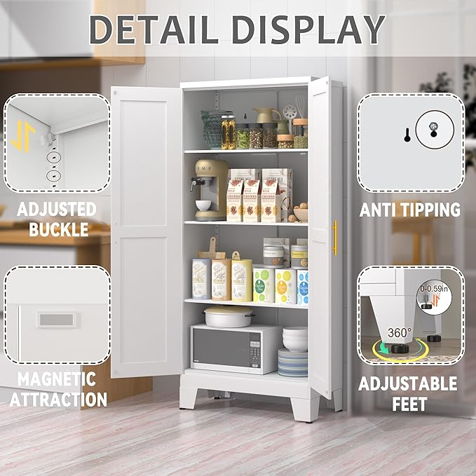 61.02" Pantry Cabinet, Kitchen Pantry Storage Cabinets with Adjustable Shelves and Feet, White Pantry Storage Cabinet for Kitchen, Dining Room, Living Room and Bathroom (White) Metal-Ruum Studio Home
