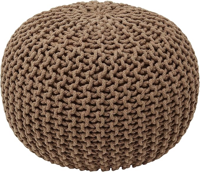 Ornavo Home Pouf Ottoman Foot Rest - 100% Cotton Pouffe - Hand Knitted Cable Braid Cord - Boho Round Stuffed Ottoman for Living Room, Bedroom - Taupe/Brown-Ruum Studio Home