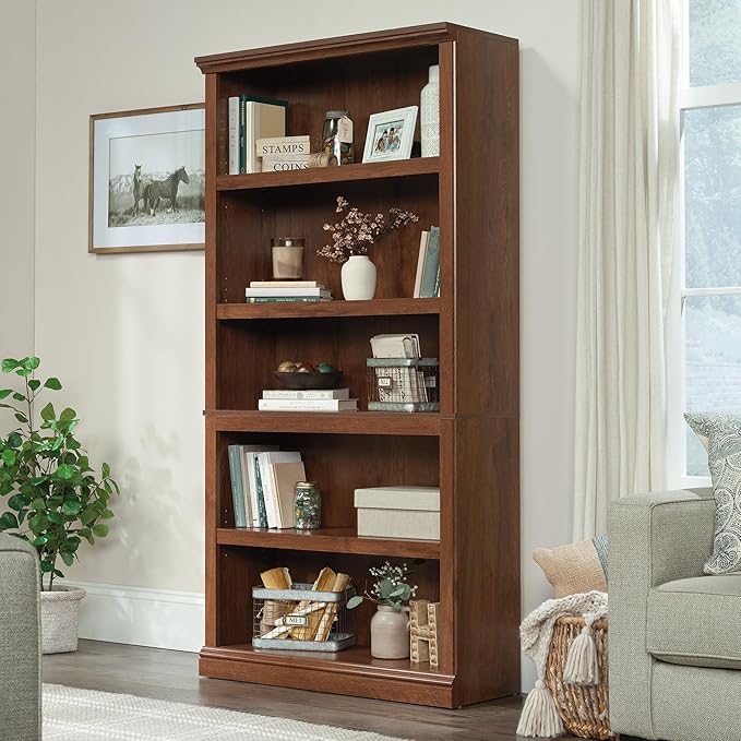Sauder Miscellaneous Storage 5 Split Bookcase/Book Shelf, L: 35.28" x W: 13.23" x H: 69.76", Oiled Oak finish-Ruum Studio Home