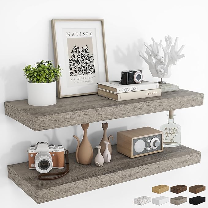 RICHFOCUS 36Inch Floating Shelves for Wall 2 Pack Shelves for Bedroom|Kitchen|Bathroom Wall Mounted Rustic Wood Floating Shelf with Invisible Brackets for Books|Storage|Decor, Grey-Ruum Studio Home