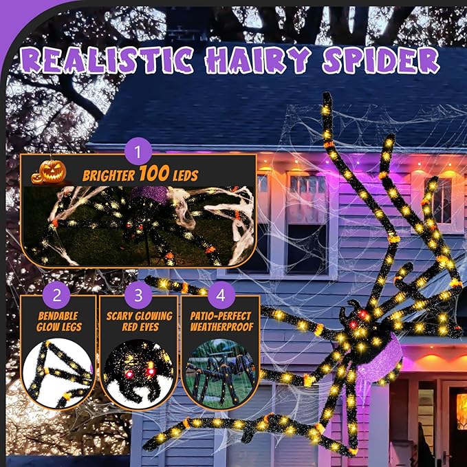 5.5FT Giant Spider Halloween Decorations with 100 LED, Plug-in Pre-Lit Light Up Scary Spider Halloween Decorations, Large Spider Decorations for Outdoor, Yard, Lawn, Exterior Walls-Ruum Studio Home