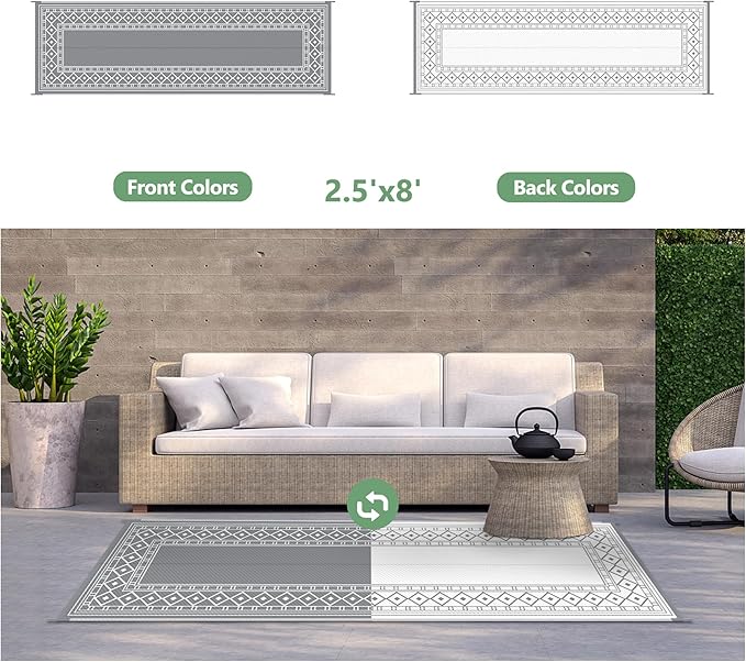 GENIMO Outdoor Rug Waterproof for Patio, 2.5'x8' Foldable Reversible Plastic Straw Runner Rugs and Carpet for Porch, Outside Area Mat for Rv, Deck, Picnic, Camper, Balcony, Beach, Grey & White-Ruum Studio Home