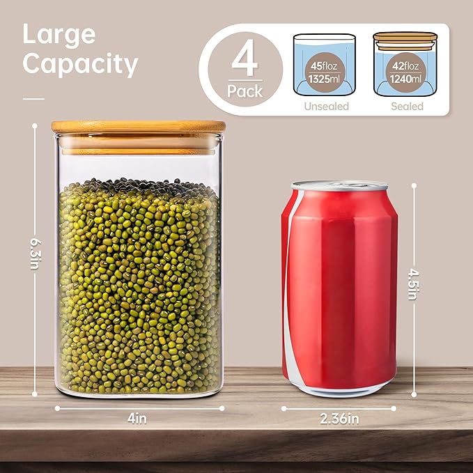 42oz - 4 Pack Square Glass Jars with Bamboo Lids, Glass Food Storage Containers with Airtight Lids for Kitchen, Air Tight Pantry Storage Containers for Cereal, Pasta, Rice, Sugar, Coffee, Spice-Ruum Studio Home