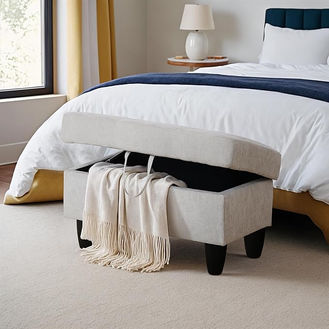 Ottoman Rectangular Storage Ottoman Bench, Flannel Footrest Stool Footstool with Lid for Living Room, Bedroom, Entryway, Khaki, 28.5"x19"x17.5"-Ruum Studio Home