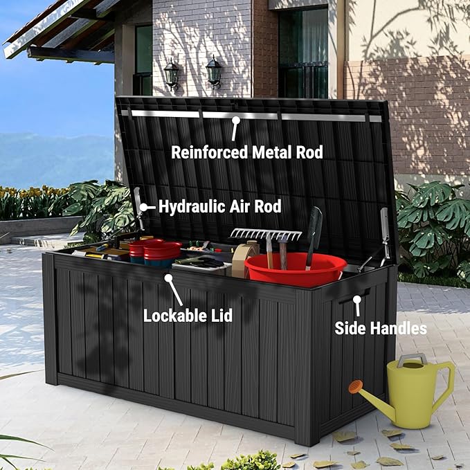 Mars Villa 119 Gallon Outdoor Storage Box Waterproof, Large Resin Deck Box for Pool Supplies Storage, Outdoor Patio Furniture Cushions, with Hydraulic Hinge, UV-Resistant and Weatherproof, Black-Ruum Studio Home