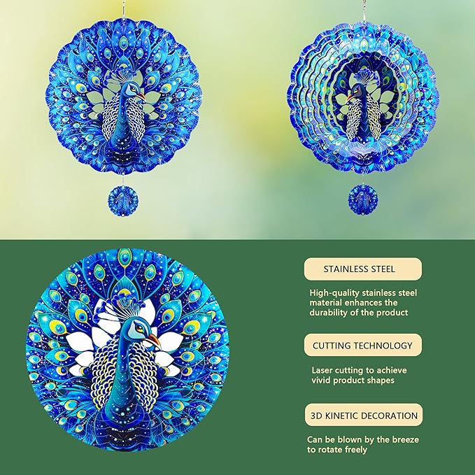 Peacock Gifts for Women, Peacock Wind Spinner Garden Decor, 12 inch 3D Hanging Wind Spinners Outdoor-Ruum Studio Home