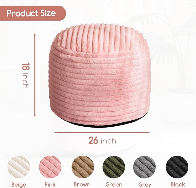 HIGOGOGO Round Stuffed Pouf Ottoman, Stripe Faux Fur Poufs with Foam Chunk Filling, Furry and Fluffy Pouf Foot Stool Storage Ottoman, 26 X 18 Floor Poufs Foot Rest for Living Room, Pink-Ruum Studio Home