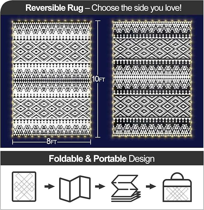 8x10ft Waterproof Outdoor Rug with LED Lights, Bohemia Reversible Plastic Straw Mat for Patio RV Camping Picnic Balcony Beach Deck Indoor Outdoor Carpet, Black&White-Ruum Studio Home