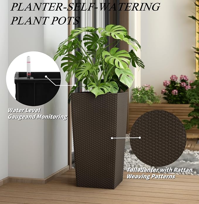 2Pcs 23in High Large Plant Pots Planter-Self-Watering,Modern Planter with Drain Holes,Water Level Monitor,Inner Bucket for Indoor/Outdoor Front Porch Patio,Brown Rattan-Ruum Studio Home