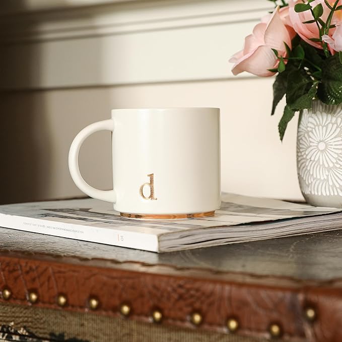 COLLECTIVE HOME - Monogram Ceramic Mugs, 15 oz Golden Initial Coffee Cups, Elegant Alphabet Tea Mugs, Elegant Personalized Mug with Gift Box, Luxurious Cups for Office and Home (d)-Ruum Studio Home