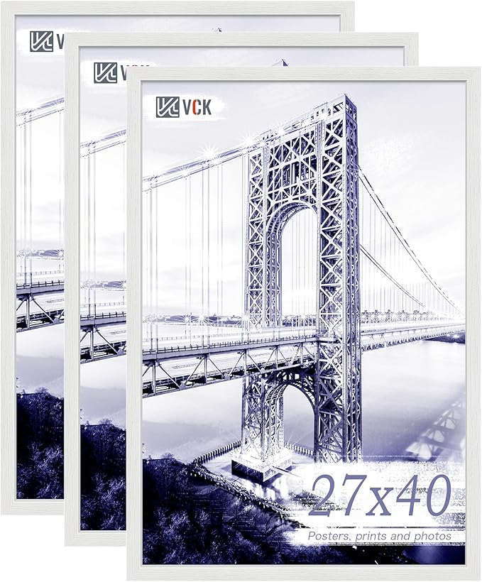 VCK 27x40 Solid Wood Poster Frames Set of 3, Exclusive Woodgrain White Picture Frame, Wall Mounting Hanging-Ruum Studio Home