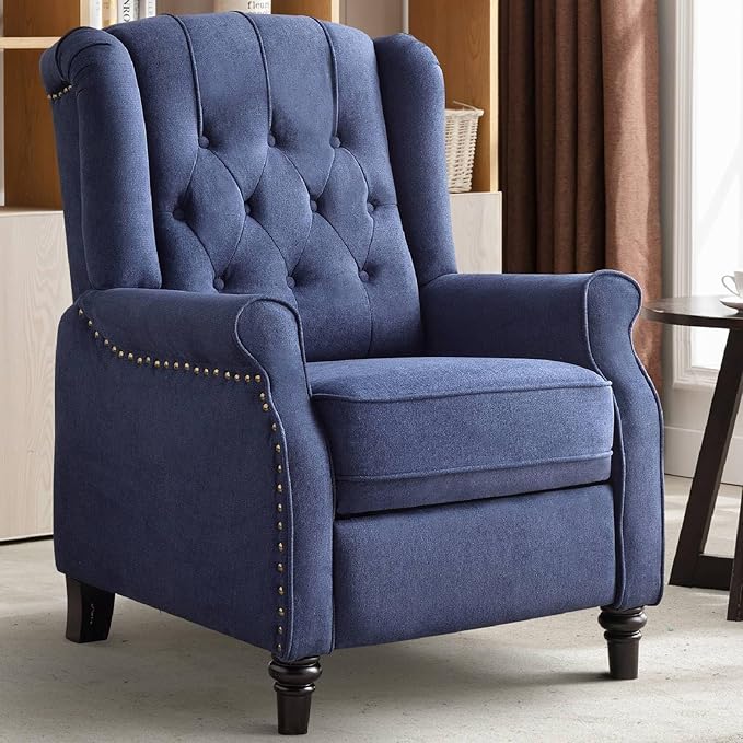 CANMOV Push Back Recliner Chair,Accent Chair, Mid Century Wingback Recliner, Fabric Push Back Recliner Chair Single Armchair Sofa with Rivet Decoration, Button-Tufted Back for Living Room,Dark Blue-Ruum Studio Home