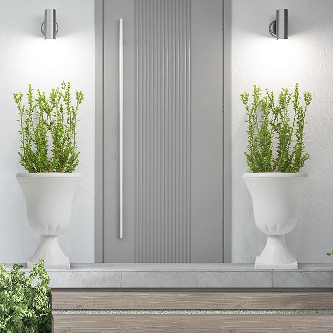 Worth Garden 2-Pack Plastic Urn Planters - 22'' Tall Round Classic Resin Flower Pots Pure White Traditional Large Plant Pots for Front Porch Patio Deck Wedding Decoration Pot - Indoor & Outdoor-Ruum Studio Home