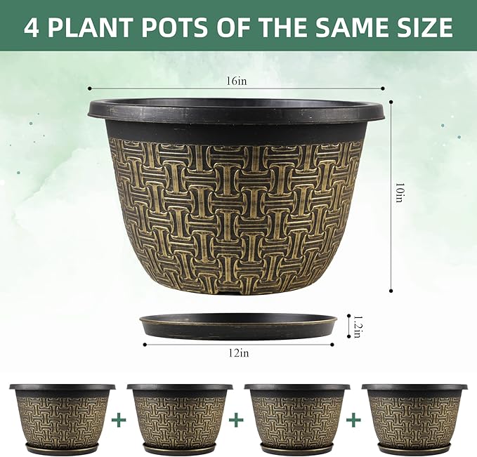 4 Pack 16 Inch Planter,Large Plastic Flower Pots Outdoor Indoor with Drainage Holes & Trays, Retro Antique Imitation Decorative Garden Plant Pots Outdoor for Houseplants-Ruum Studio Home