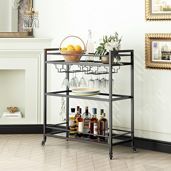 Glass Black Bar Carts for Home with Hanging Wine Rack - Home Bar Serving Cart with 3 Mirrored Shelves, Kitchen Bar Carts, Wine Cart for Entertaining, Club Party.-Ruum Studio Home
