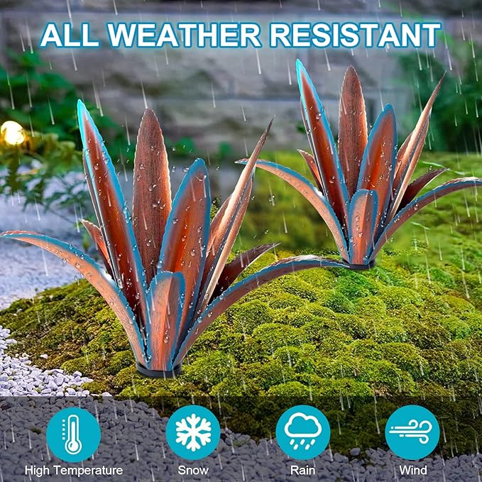 TOMBABY Enlarge Thickened Wind Resistant Iron Agave Metal Plant Country Garden Sculpture Statue Outdoor Decoration Agave Metal Plant Courtyard Garden Lawn Ornament Gift (2, 12 Leaves Blue)-Ruum Studio Home