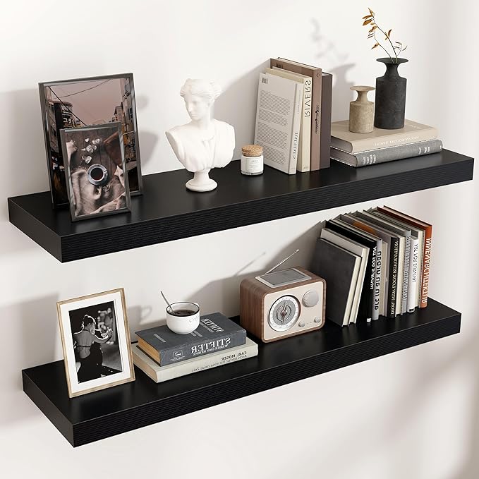Floating Shelves - 2 Large Wall Mounted Shelves with Invisible Brackets, Long Wood Floating Wall Shelf for Living Room, Bedroom, Kitchen (Black, 36" W x 9" D x 1.5" H)-Ruum Studio Home