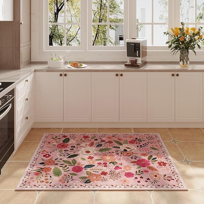 Door Mat Indoor Entrance 2x3 Rug Machine Washable Boho Floral Small Area Rug Non-Slip Low Pile Throw Rugs for Entryway, Kitchen, Front Door Indoor Entrance, Entry, Kids Room (Pink)-Ruum Studio Home