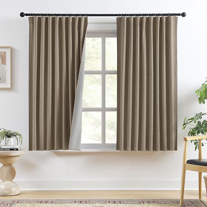 RAIN CITY Linen Brown Blackout Curtains 2 Panels Set,Back Tab Pleated Curtains Hidden Tab with Hooks,Energy Efficinet Linen Polyester Blend Drapes for Bedroom Modern Classic W50xL63 Linen Brown-Ruum Studio Home