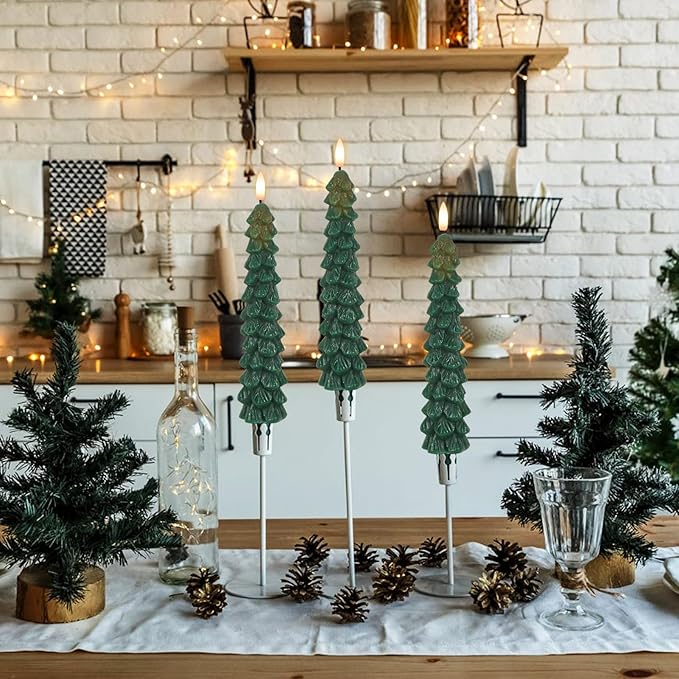 GenSwin Christmas Tree Flameless Taper Candles with Remote Timer, Christmas LED Taper Candles with 3D Flame, 4 Pcs Green LED Candlesticks for Christmas Home Decoration(0.78” x 9.8”)-Ruum Studio Home