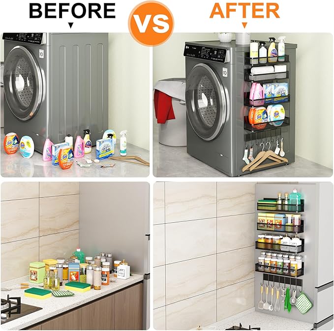 Magnetic Spice Rack for Refrigerator, 5 Pack Magnetic Shelf, Moveable Magnetic Fridge Organizer with 8-Hook Rack, Seasoning Organizer for Kitchen Organization and Storage (5 Pack)-Ruum Studio Home