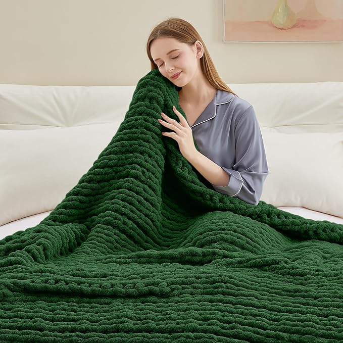 Chunky Knit Throw Blanket, 60''*80'' Knitted Throw Chenille Yarn for Bed Couch, Handmade Grass Green Crochet Big Thick Blanket, Machine Washable Cute Comfy Blanket for Home Decor-Ruum Studio Home