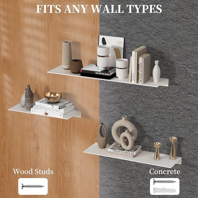 JOOM White Floating Shelves for Wall Storage, Metal Wall Shelves for Living Room, Bathroom, Kitchen, 12” Small Display Shelves for Collectibles(2 PCS)-Ruum Studio Home
