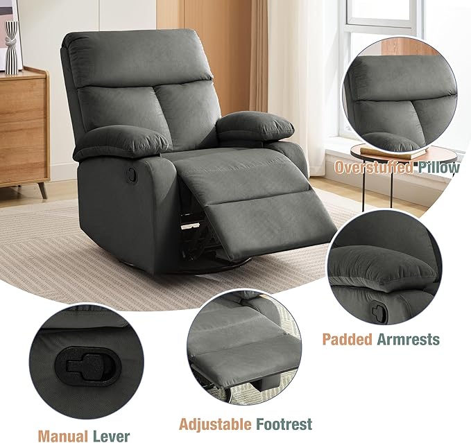 Swivel Rocker Recliner for Adults, Rocking Small Recliner Chair for Small Spaces, Glider-Nursery Rocking Chair for Living Room, RV, Nursery, Bedroom, Grey-Ruum Studio Home