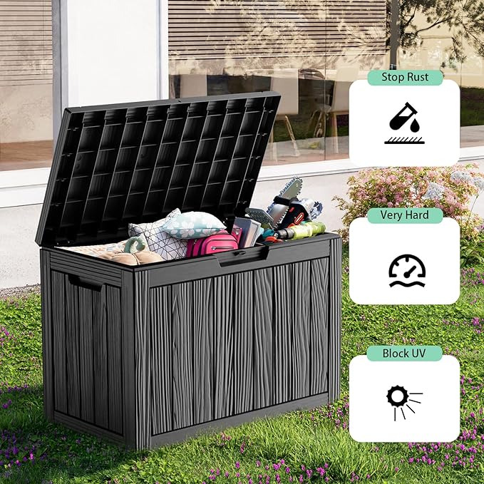 45 Gallon Resin Deck Box, Lockable Outdoor Storage Box for Patio Cushions Storage Furniture,Garden Tools, Pool Supplies, Weatherproof and UV Resistant（Black）-Ruum Studio Home