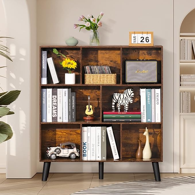 LEYAOYAO 8 Cube Bookshelf,3 Tier Bookcase with Legs,Rustic Brown Mid-Century Modern Bookshelves,Large Open Storage Organizer Shelf, Wooden Book Case-Ruum Studio Home