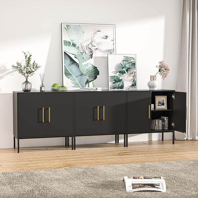 LYNSOM TV Stand for 85 Inch TV, Media Entertainment Center Console Table, 3 Cabinets, TV Console Table with Storage Cabinet for Bedroom, Living Room, Entertainment Room (Black)-Ruum Studio Home