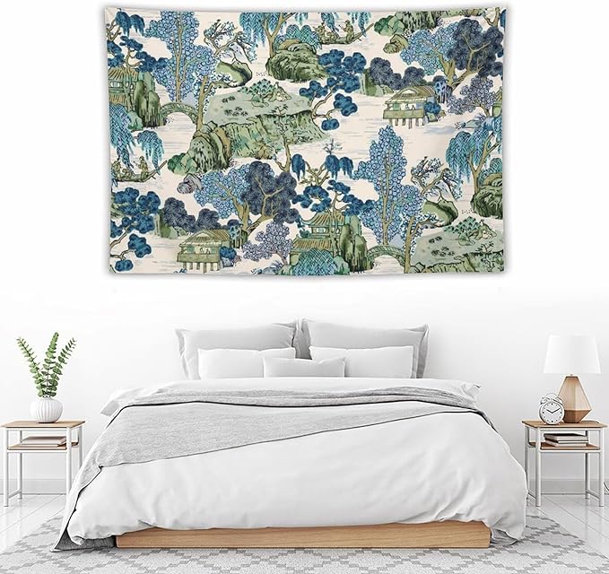 Chinoiserie Tapestry,Asian Watercolor Abstract Art Tapestry,Asian Japanese Wall Tapestry, Nature Landscape Tapestries for Bedroom Living Room Decor 60"x40"-Ruum Studio Home