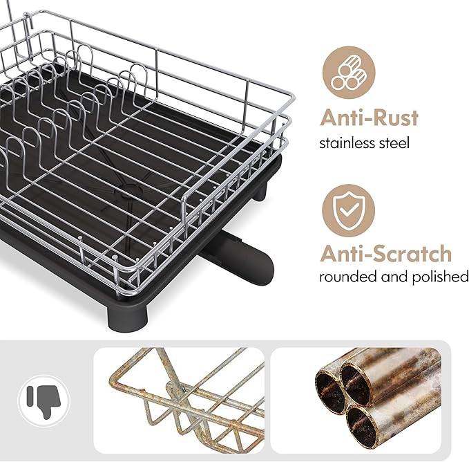 BOOSINY Stainless Steel Dish Drainers Drying Rack for Kitchen Counter with Automatic Drainage, 1 Tier Rust Proof Metal, Space Saving, Modern Aesthetic, Compact Plates Strainers,Gray-Ruum Studio Home