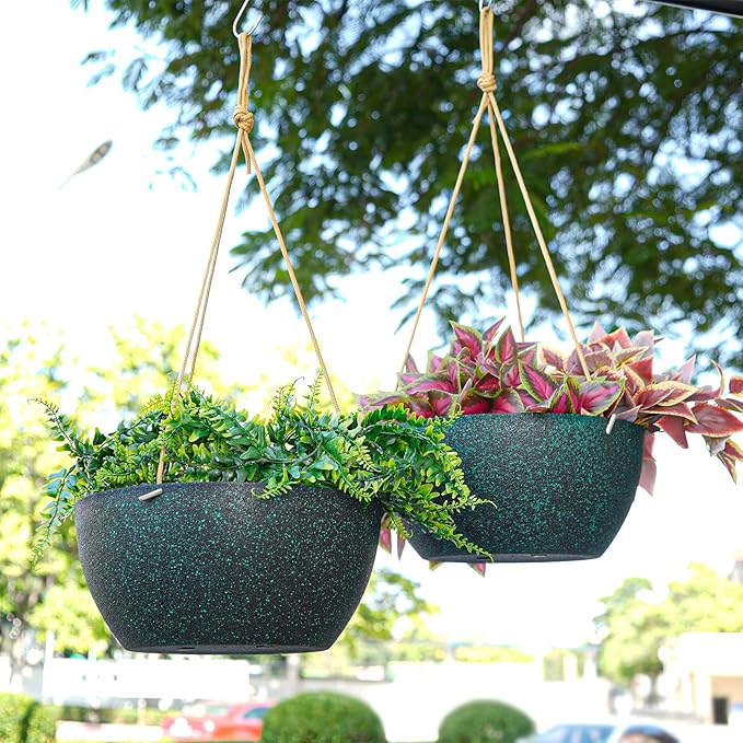 12 Inch 2 Pack Large Hanging Planters for Indoor Outdoor Plants, Plastic Hanging Basket Pots for House Plants Flowers, Black Speckles-Ruum Studio Home
