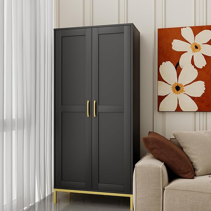 Tall Storage Cabinet, Kitchen Pantry Cabinet with 2 Doors & Adjustable Shelves for Laundry Room, Living Room, Entryway,Bathroom,Black-Ruum Studio Home